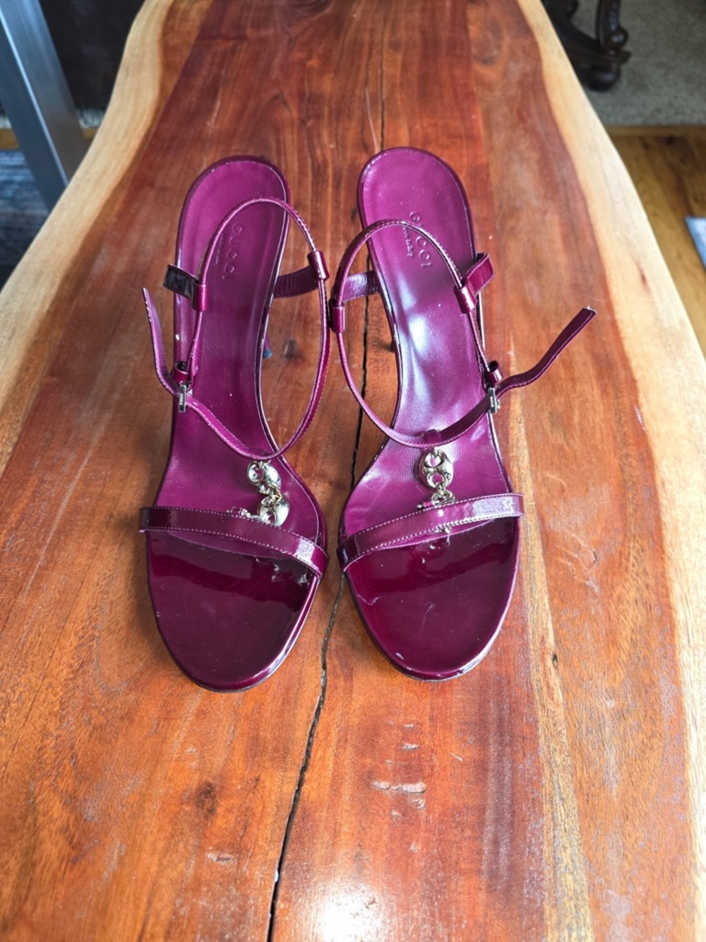 Gucci Patent Leather Strappy Sandals in Deep Burgundy